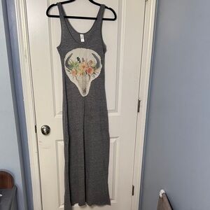 Alternative Gray Maxi Dress with Floral Skull Design
